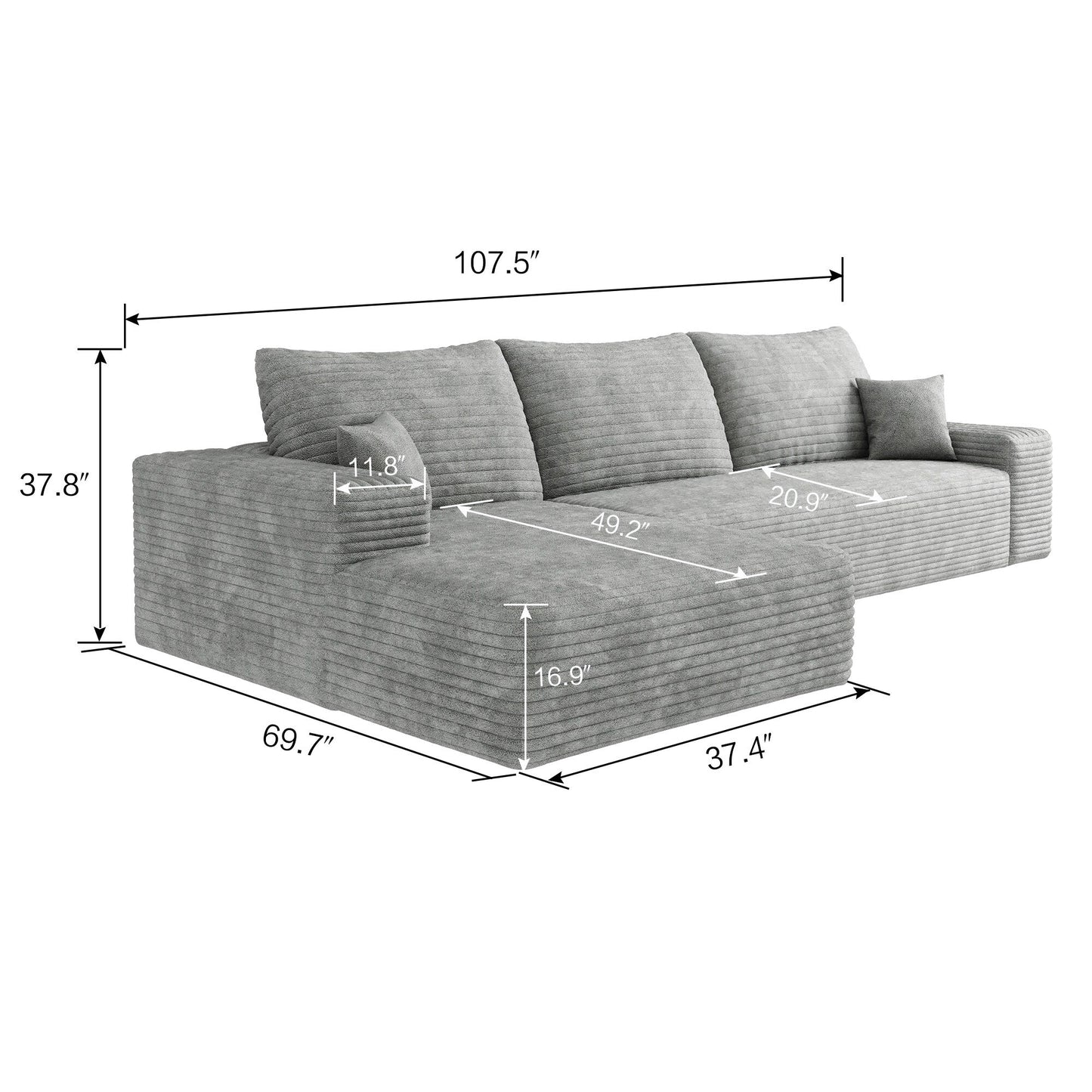 107-Inch Modular Corduroy Sectional Sofa with Chaise and Deep Seating for Living Room Bedroom