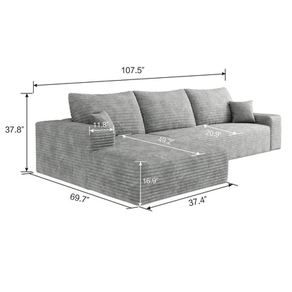 107-Inch Modular Corduroy Sectional Sofa with Chaise and Deep Seating for Living Room Bedroom