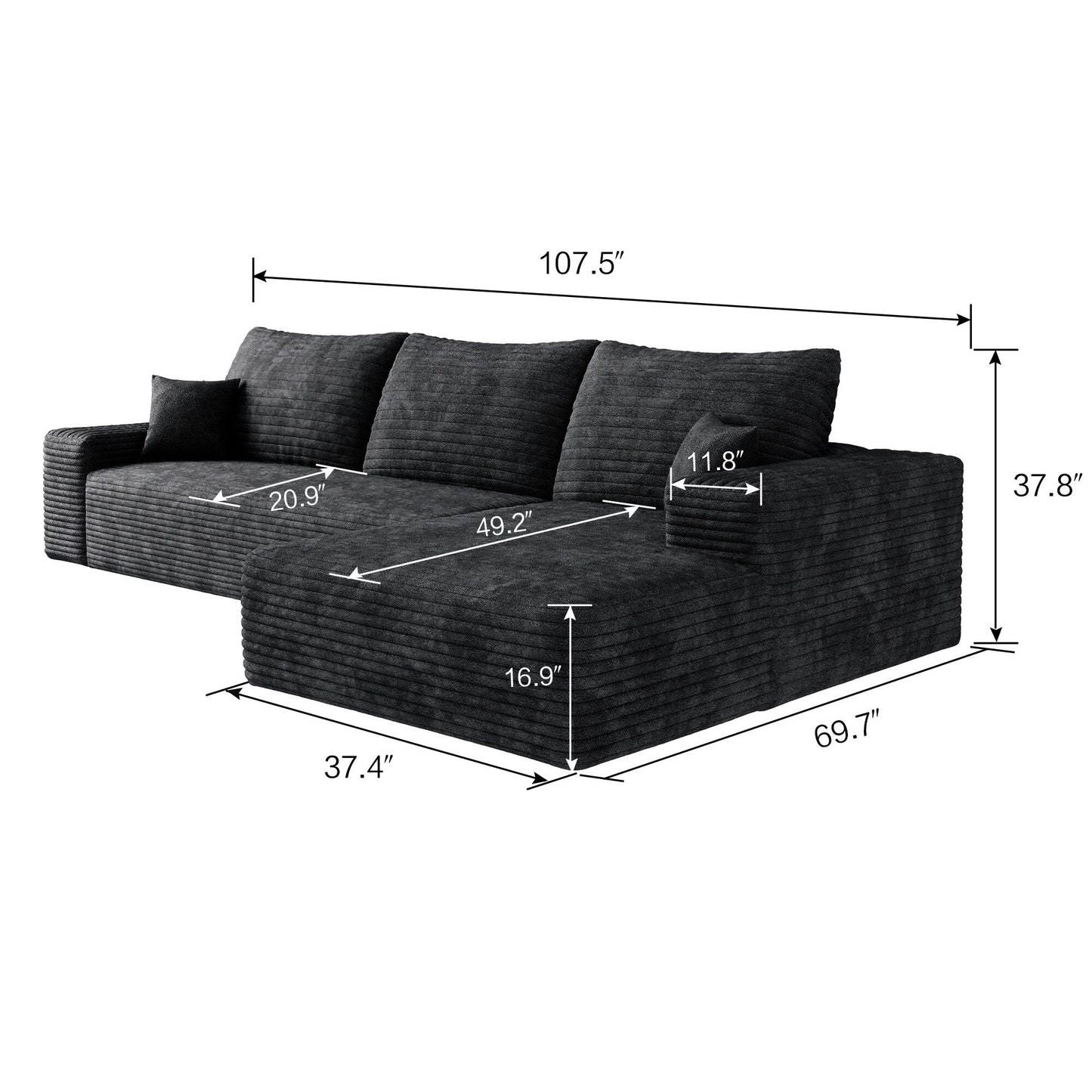 107-Inch Modular Corduroy Sectional Sofa with Chaise and Deep Seating for Living Room Bedroom