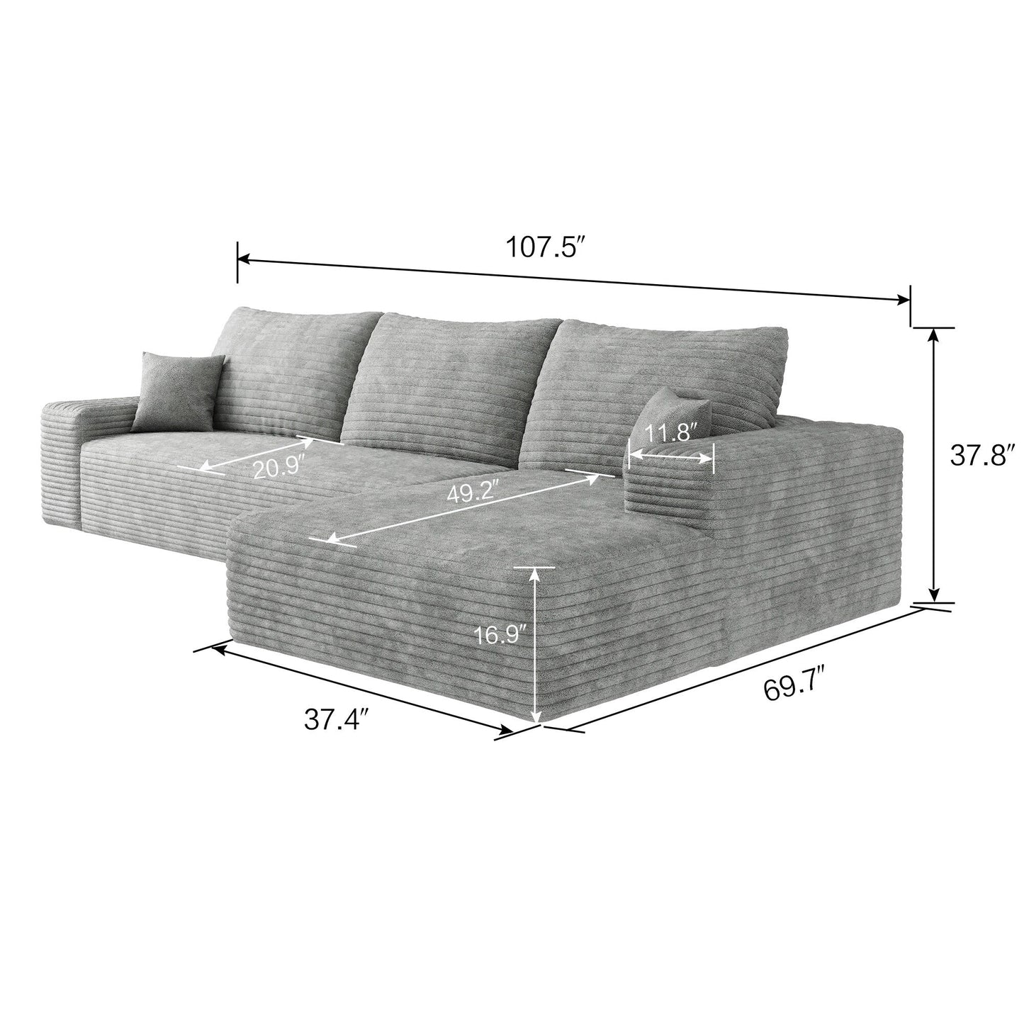 107-Inch Modular Corduroy Sectional Sofa with Chaise and Deep Seating for Living Room Bedroom