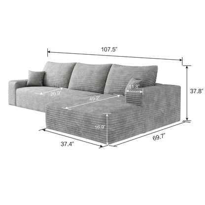 107-Inch Modular Corduroy Sectional Sofa with Chaise and Deep Seating for Living Room Bedroom
