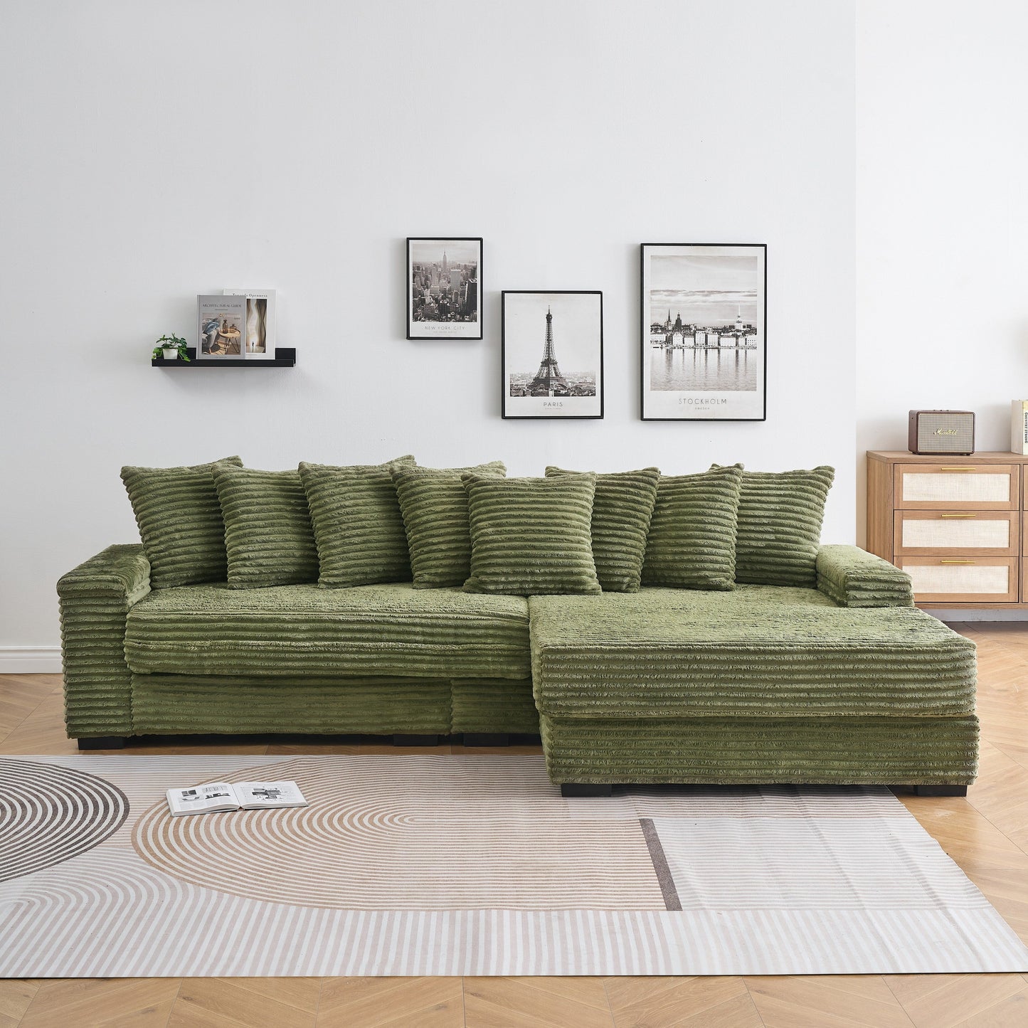 111.4  L-Shaped Corduroy Sofa with 8 Throw Pillows and Footstool