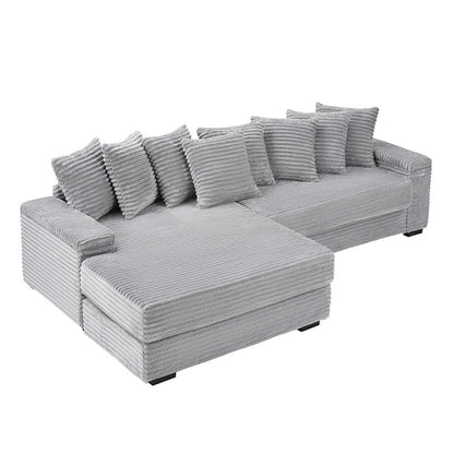 111.4  L-Shaped Corduroy Sofa with 8 Throw Pillows and Footstool
