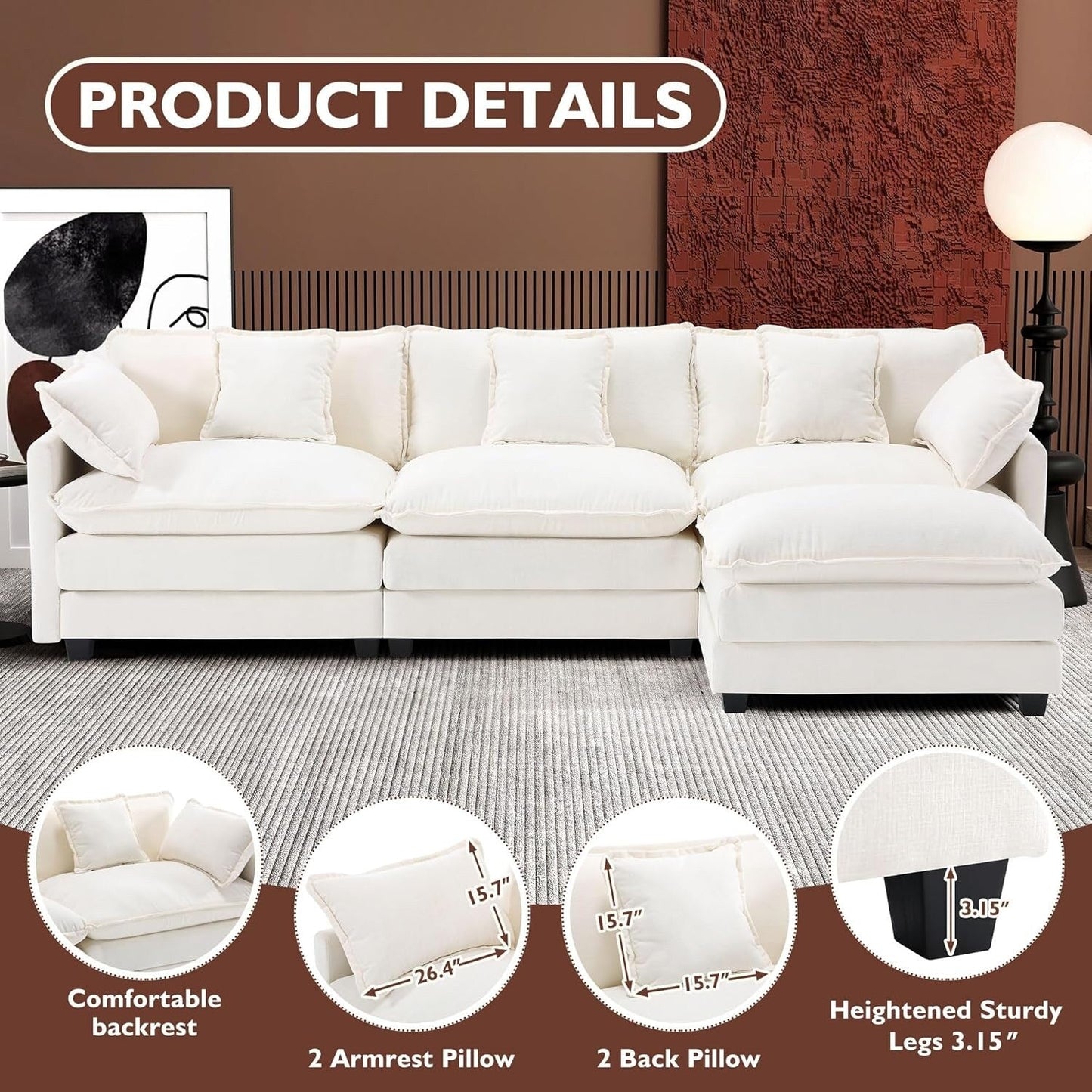 111.4 L-Shaped Cloud Sectional Sofa with Ottoman - 4-Seat Chenille Couch for Living Room
