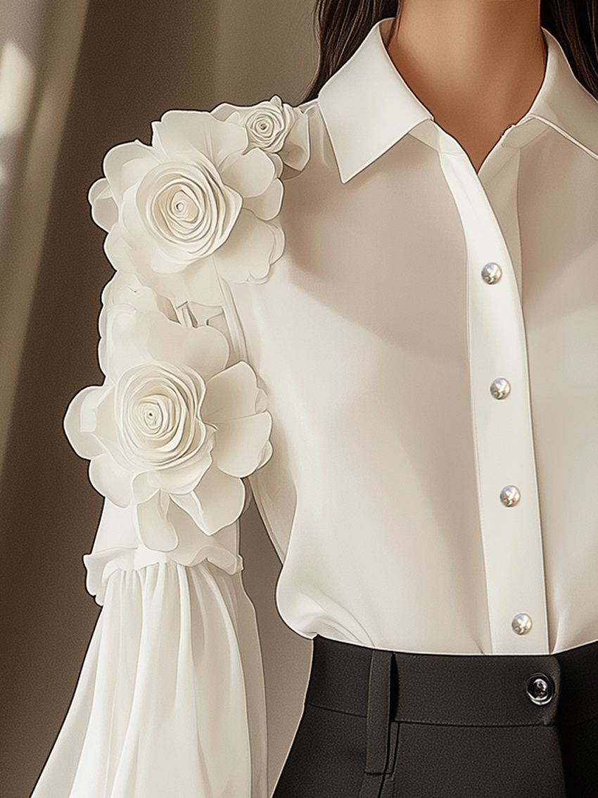 24-Hour-Shipping White Chiffon Blouse With 3D Flower Decoration On Sleeves