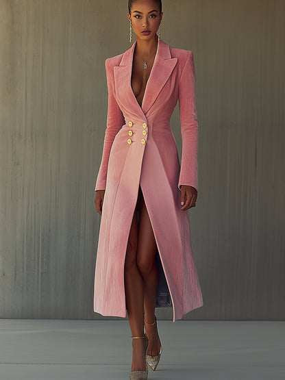 Pink Velvet And Gold Double-breasted Long Coat