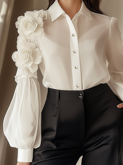 24-Hour-Shipping White Chiffon Blouse With 3D Flower Decoration On Sleeves
