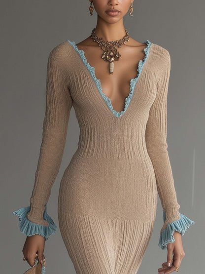 Oatmeal Knit Bodycon Dress With Teal Ruffle Trim