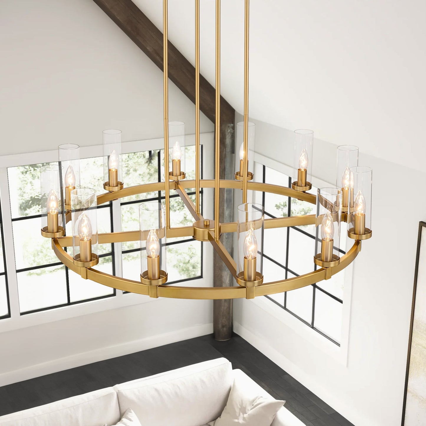 12-Light Mid-Century Modern Cylinder Clear Glass Wagon Wheel Chandelier Gold/Black Large Chandelier
