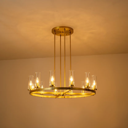 12-Light Mid-Century Modern Cylinder Clear Glass Wagon Wheel Chandelier Gold/Black Large Chandelier