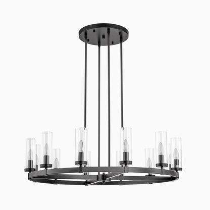 12-Light Mid-Century Modern Cylinder Clear Glass Wagon Wheel Chandelier Gold/Black Large Chandelier
