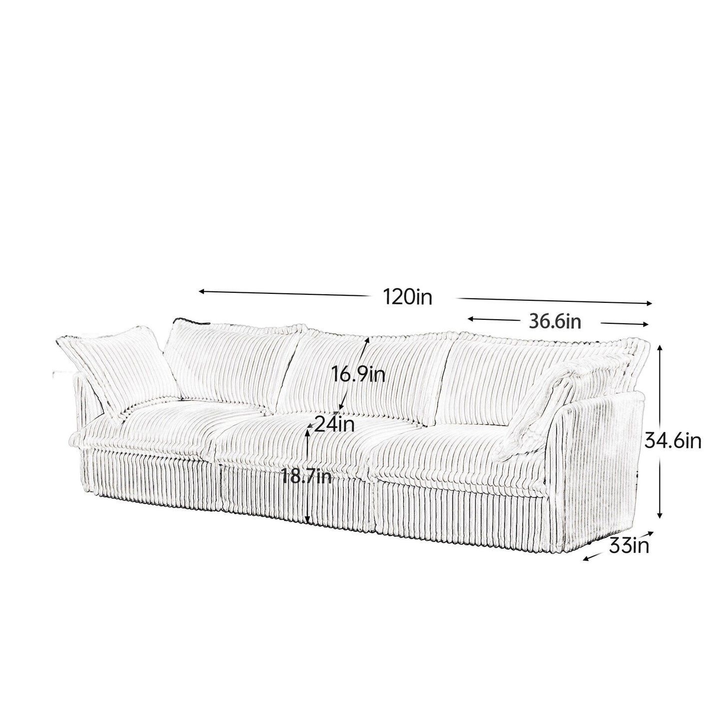 120 Corduroy 4-Seater Sofa with Soft Multiple Big Pillows for living room and bedroom