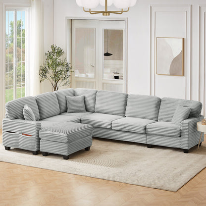 125'' Corduroy U-shaped Sectional Sofa with Movable Ottoman