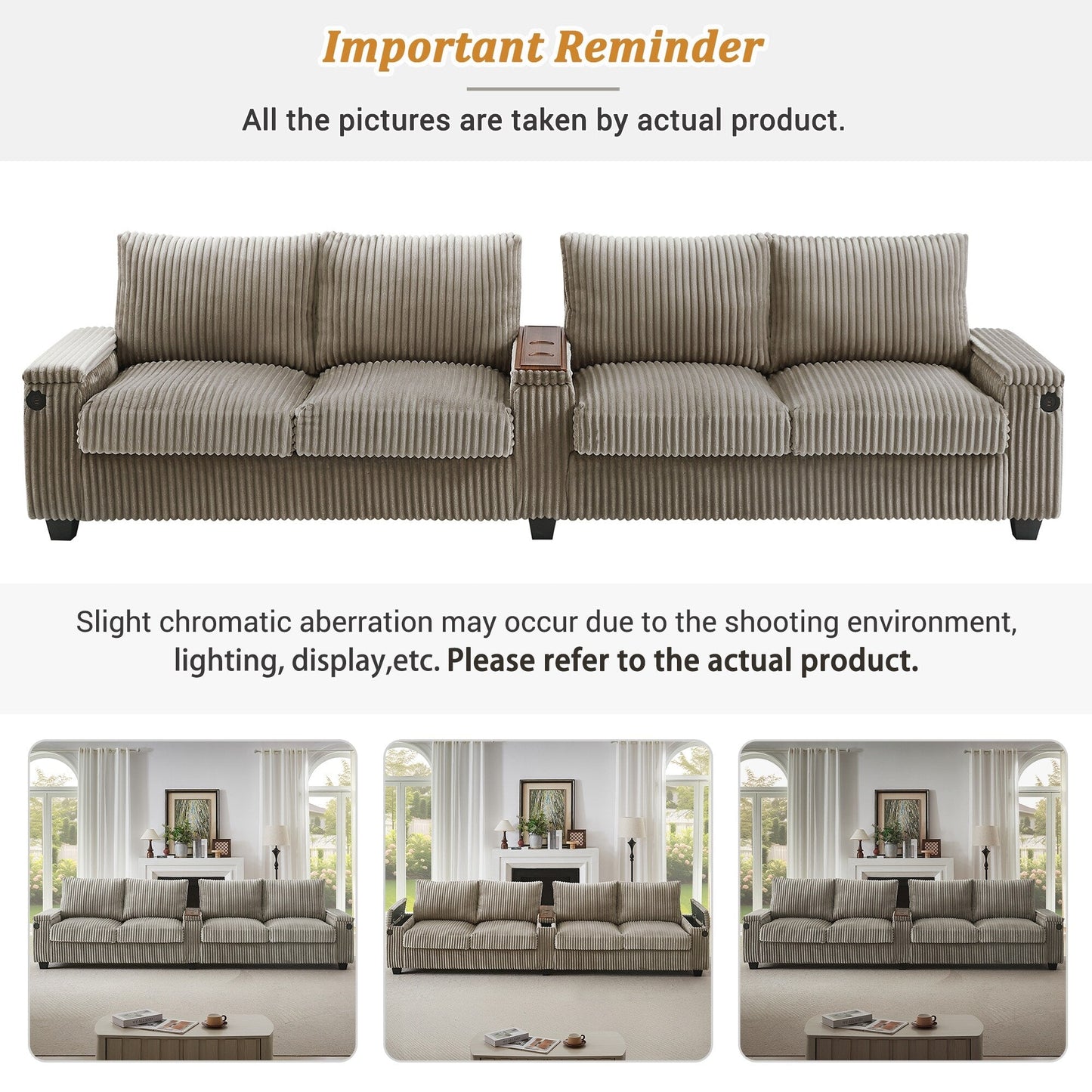 133 4-Seater Corduroy Sofa - Modern Storage Couch with USB Ports, Flip-Top Cup Holders