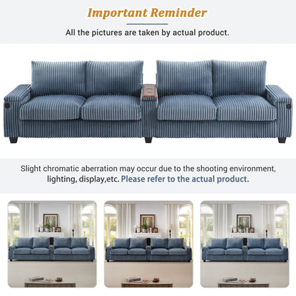 133 4-Seater Corduroy Sofa - Modern Storage Couch with USB Ports, Flip-Top Cup Holders