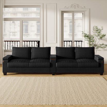 133 Modern 4-seater Corduroy Sofa Couch with USB Ports and Flip-top Cup Holders