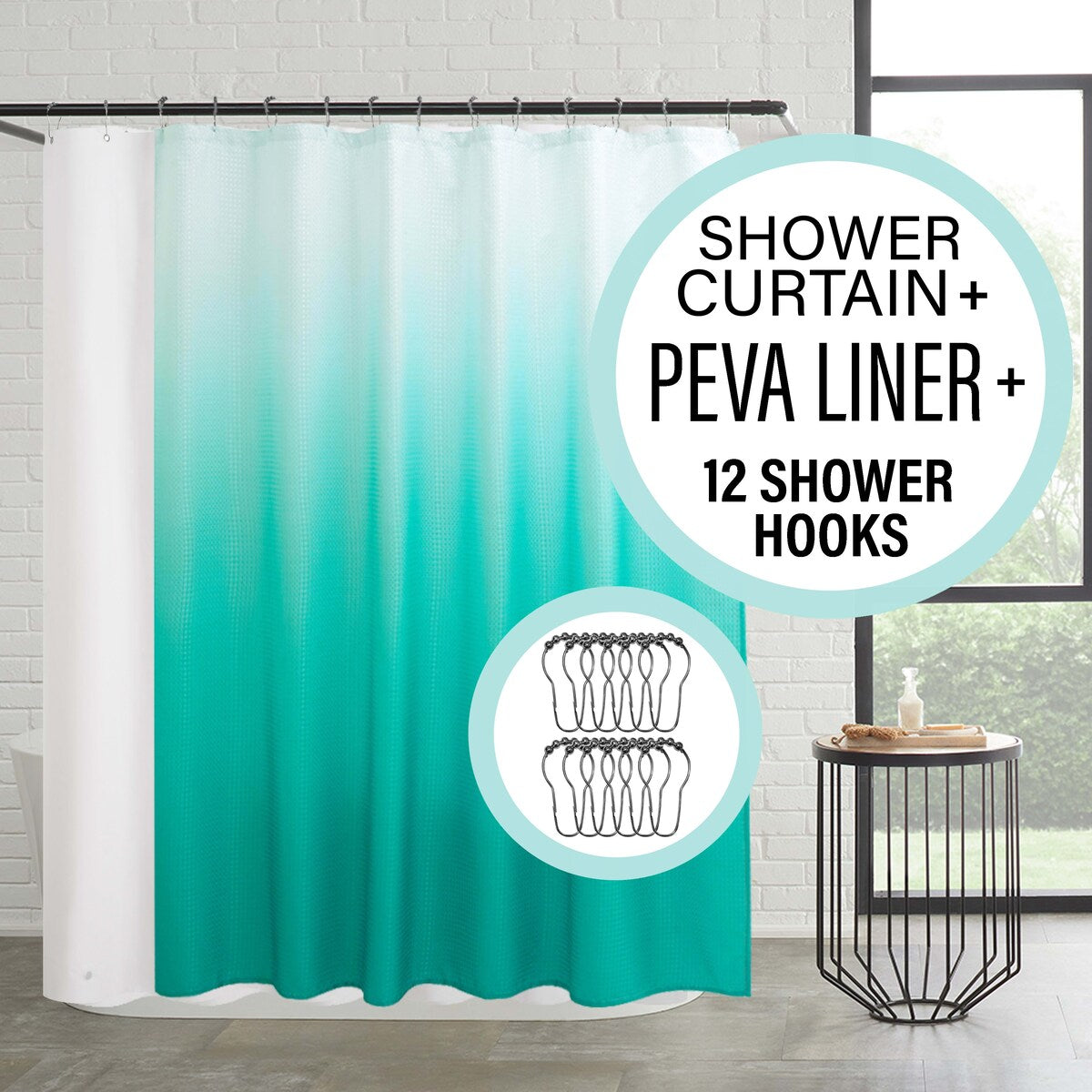 14-Piece Bath/Shower Set - Ombre Shower Curtain, Hooks & PEVA Liner