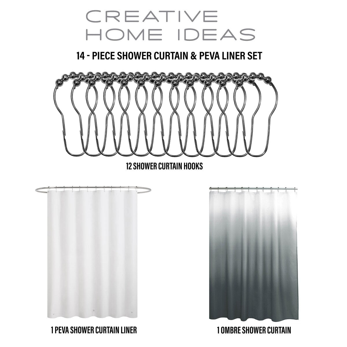14-Piece Bath/Shower Set - Ombre Shower Curtain, Hooks & PEVA Liner