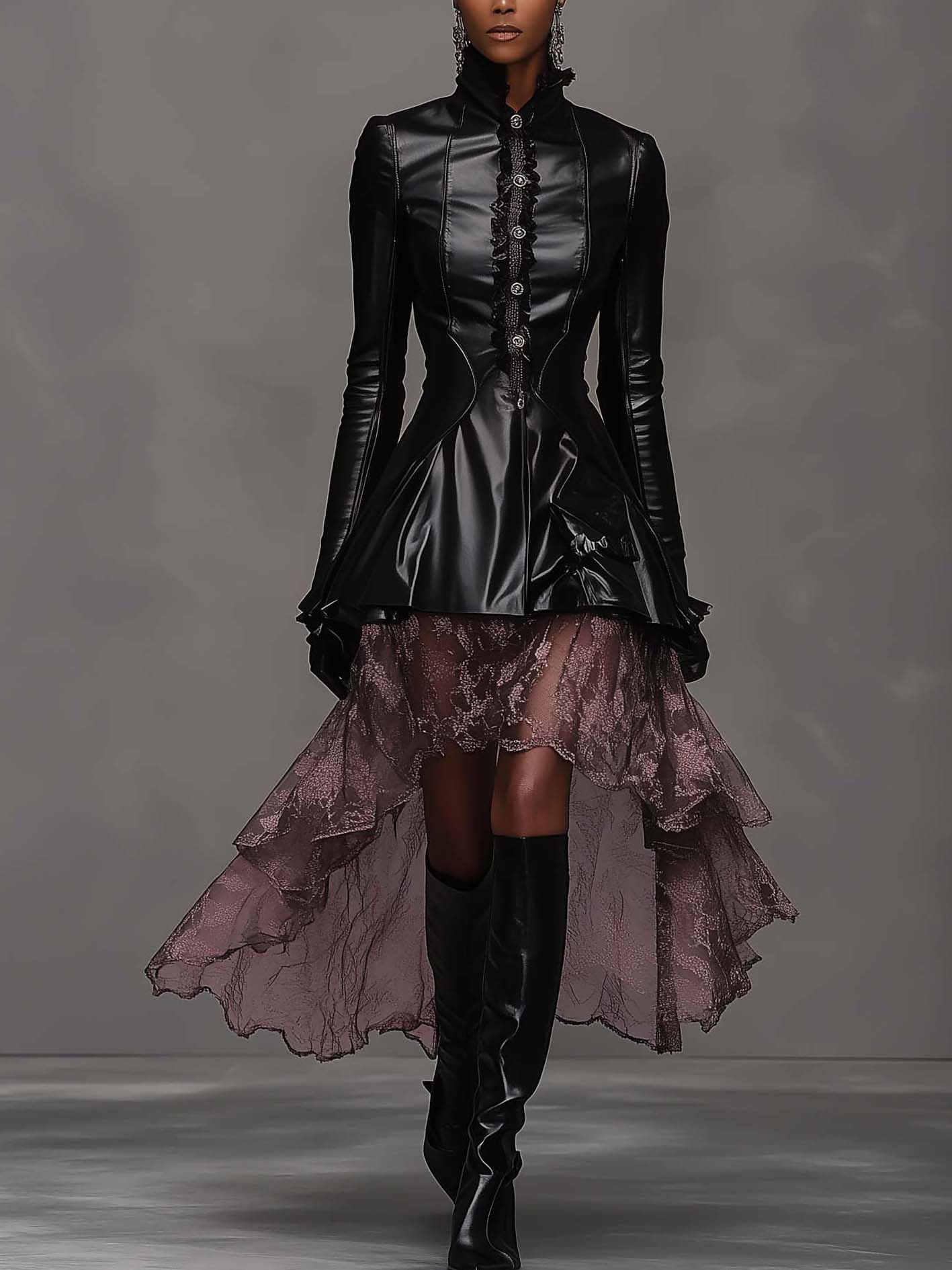 Black Collared Faux Leather Midi Dress With Pink Mesh