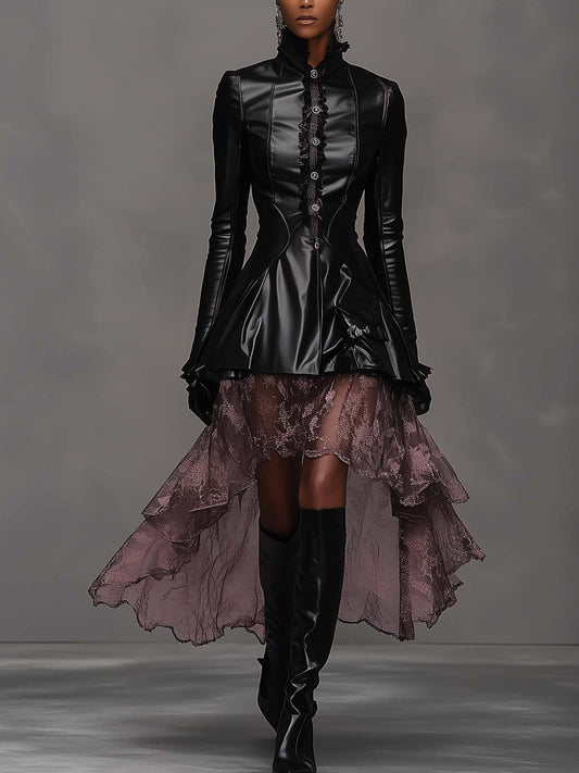Black Collared Faux Leather Midi Dress With Pink Mesh