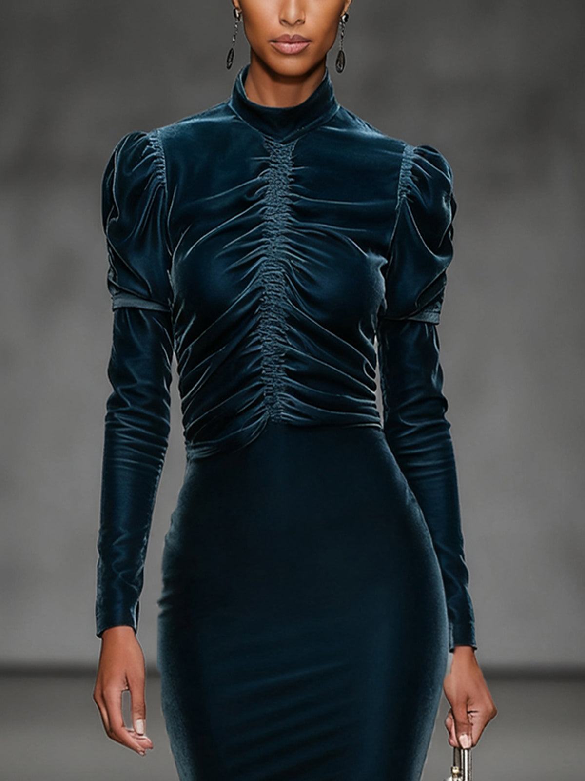 Blue Velvet Long Sleeve Midi Dress