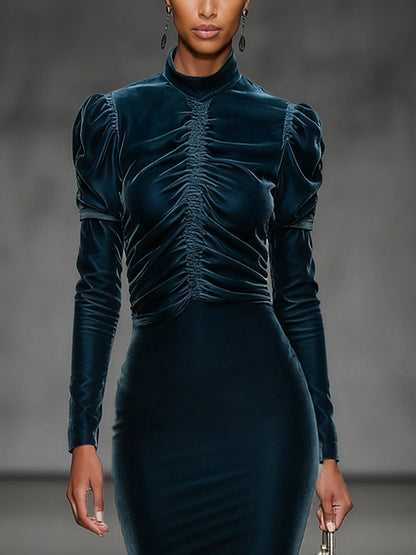 Blue Velvet Long Sleeve Midi Dress