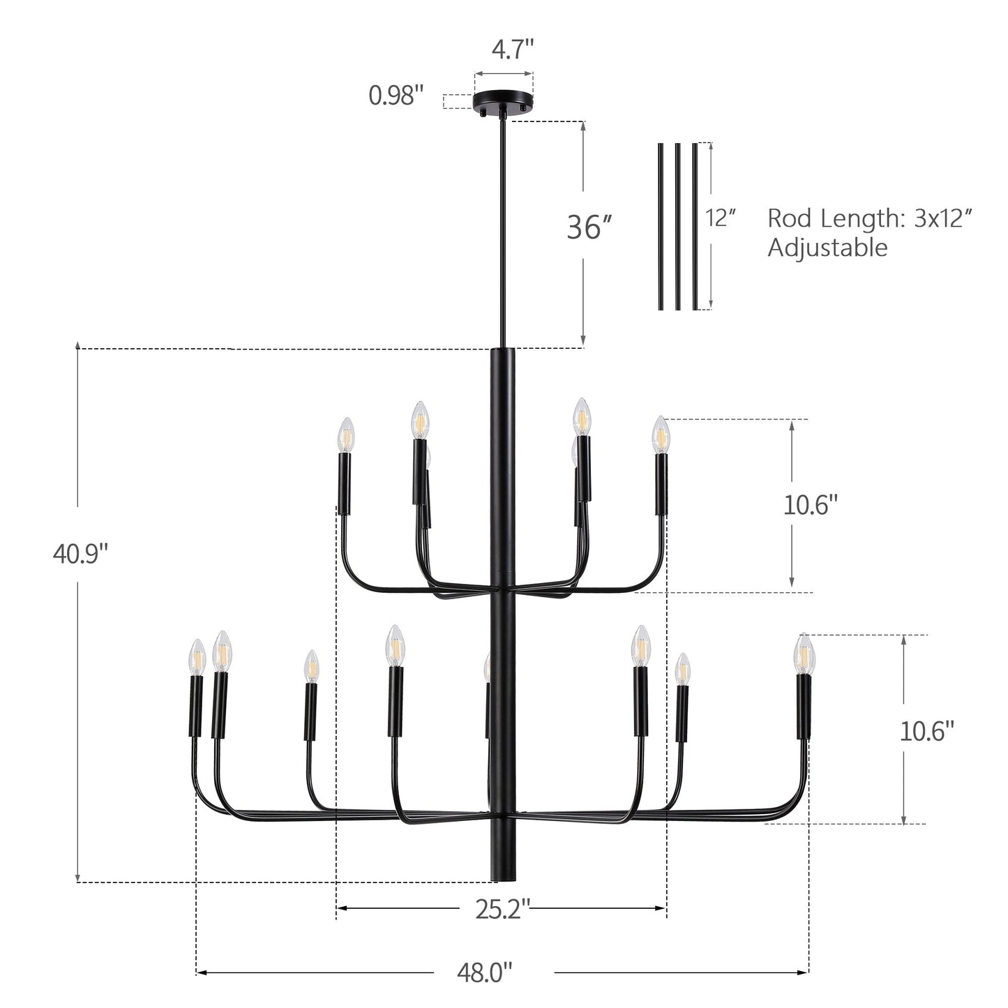 15-Light Minimalist Candlestick Chandelier, 2 Tier Ancient Design - 48