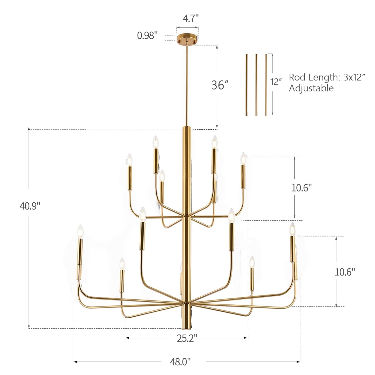 15-Light Minimalist Candlestick Chandelier, 2 Tier Ancient Design - 48