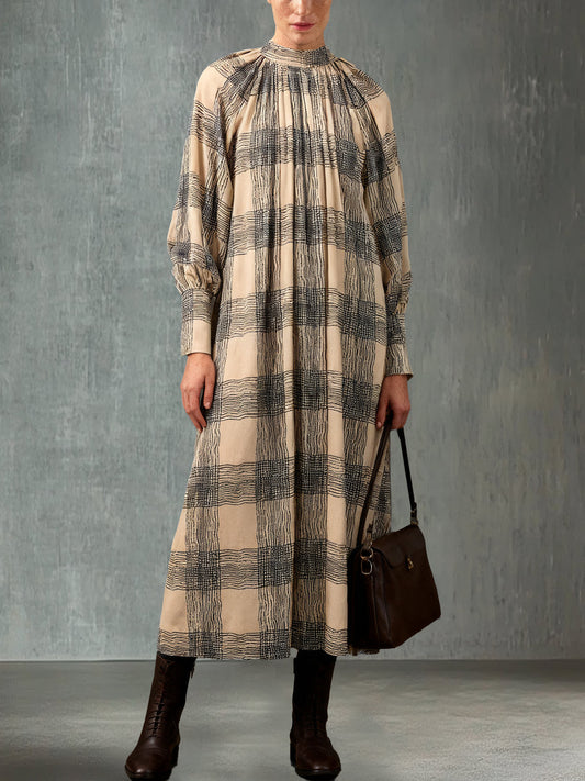 Beige Plaid Long-Sleeve Maxi Dress With High Neck