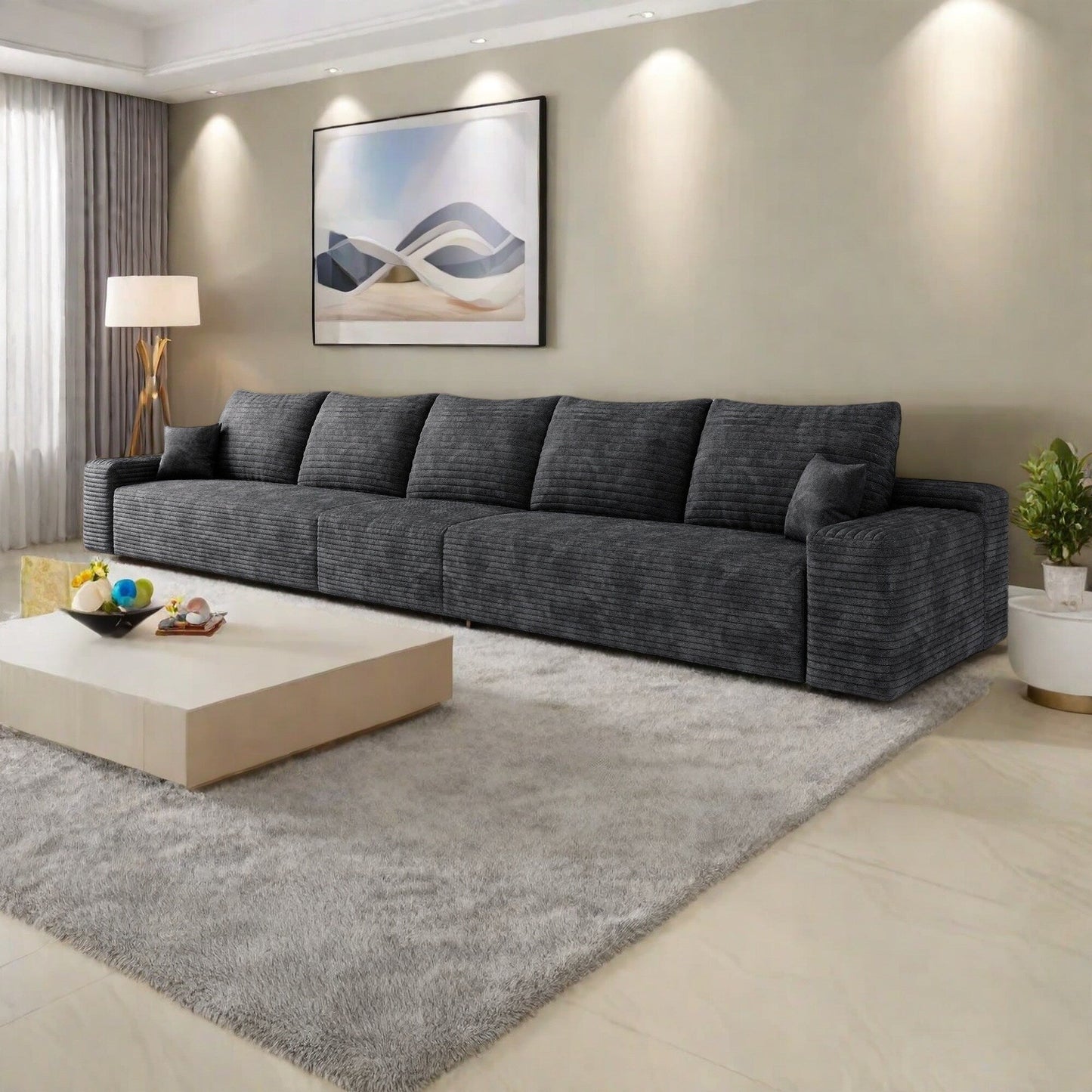 168Foam 6-Seater Sofa - Plush Corduroy Cloud Couch with Recliner and High-Resilience Foam