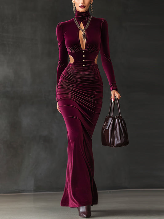 Burgundy Velvet Cutout Turtleneck Bodycon Dress With Metal Buttons