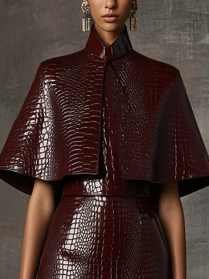Burgundy Croc-Embossed Faux Leather Cape Dress