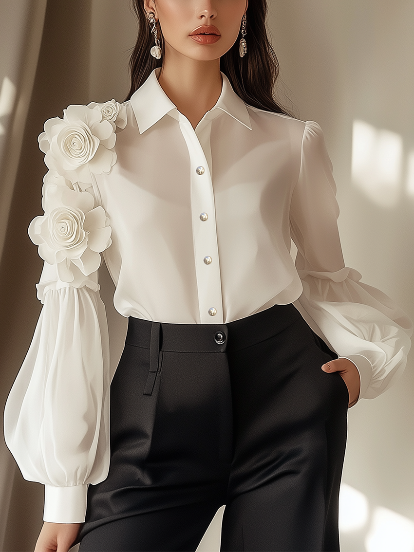 24-Hour-Shipping White Chiffon Blouse With 3D Flower Decoration On Sleeves