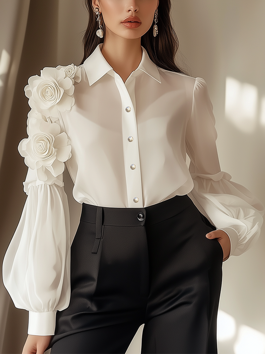 24-Hour-Shipping White Chiffon Blouse With 3D Flower Decoration On Sleeves