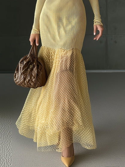 Yellow Knitted Patchwork Chiffon Polka Dot Maxi Dress