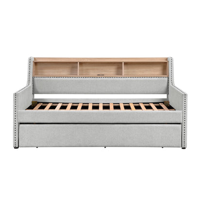 1pc Light Gray Daybed with Pull-Out Trundle Bookcase Side Panel Charging Ports Nailhead Trim Modern Design Furniture