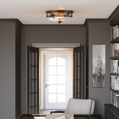 2-Light Industrial Farmhouse Ceiling Light Dome Clear Water Rippled Glass Flush Mount Light - 12.9 in. W x 5.5 in. H