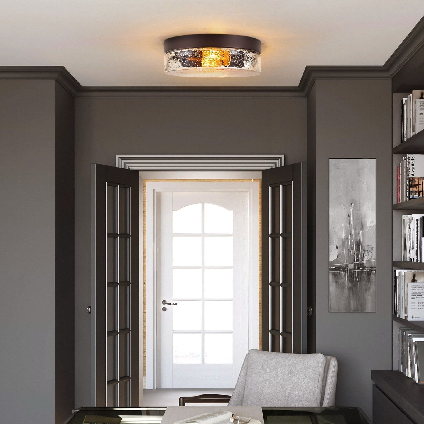 2-Light Modern Farmhouse Dome Clear Seeded/Bubble Glass Flush Mount Light