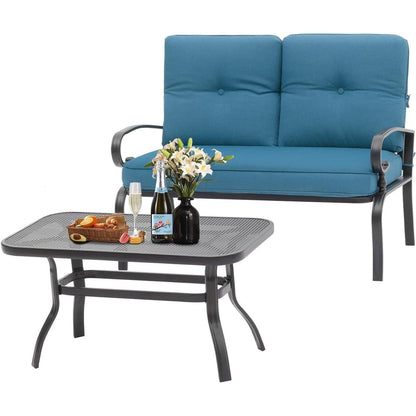 2 Piece Outdoor Patio Garden Bench with Round Coffee Table Set