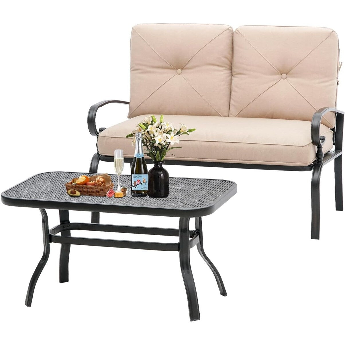 2 Piece Outdoor Patio Garden Bench with Round Coffee Table Set