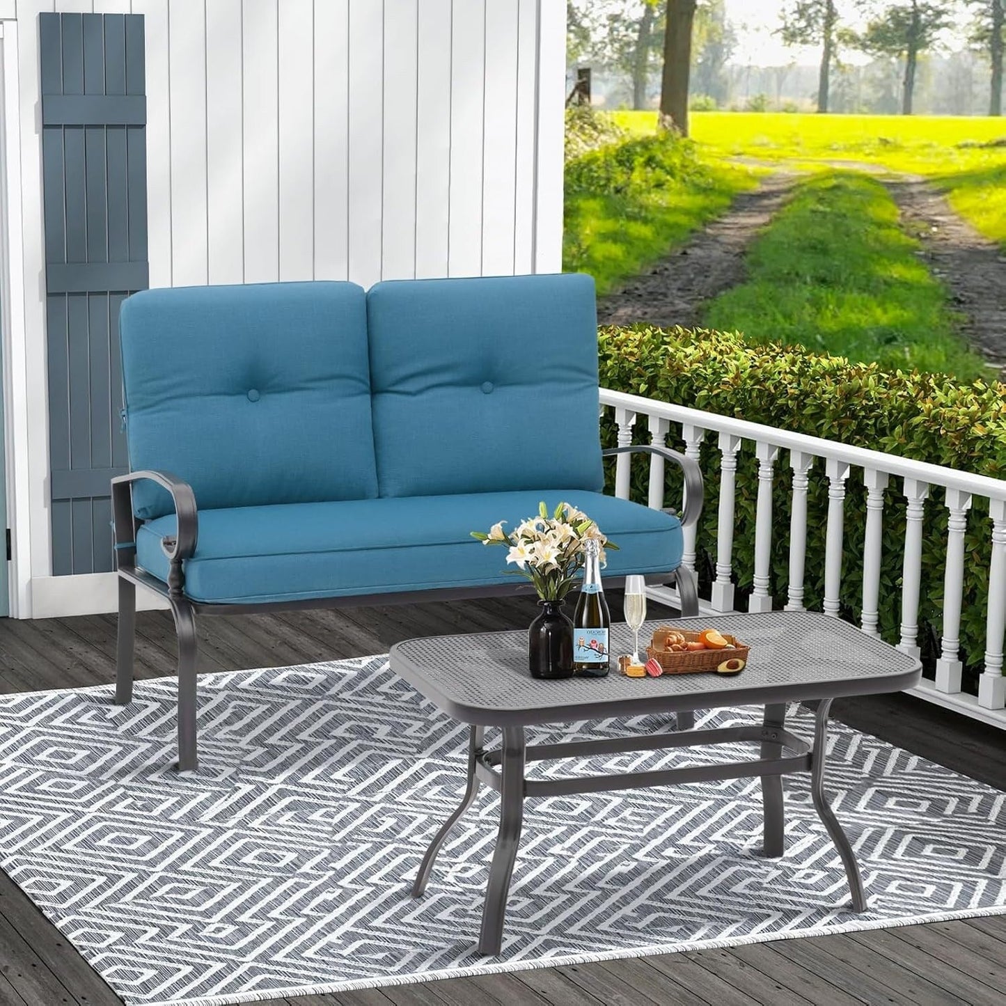 2 Piece Outdoor Patio Garden Bench with Round Coffee Table Set