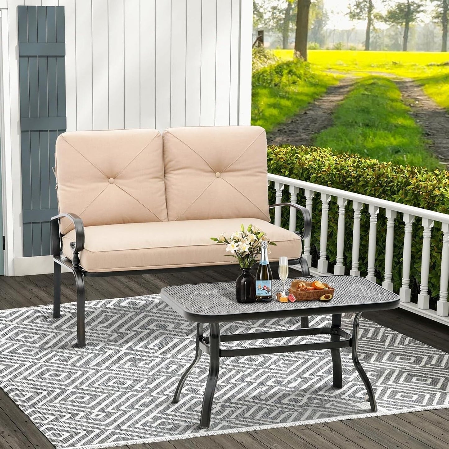 2 Piece Outdoor Patio Garden Bench with Round Coffee Table Set