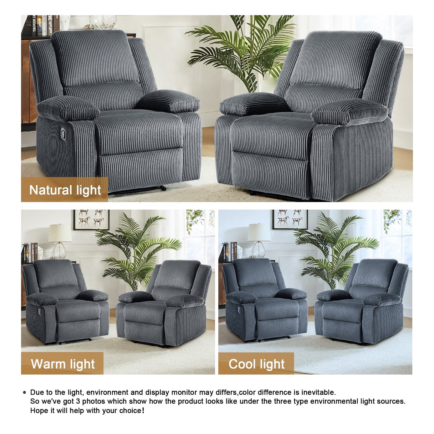 2 Set Corduroy Manual Recliner Glider Club Chair with Footrest
