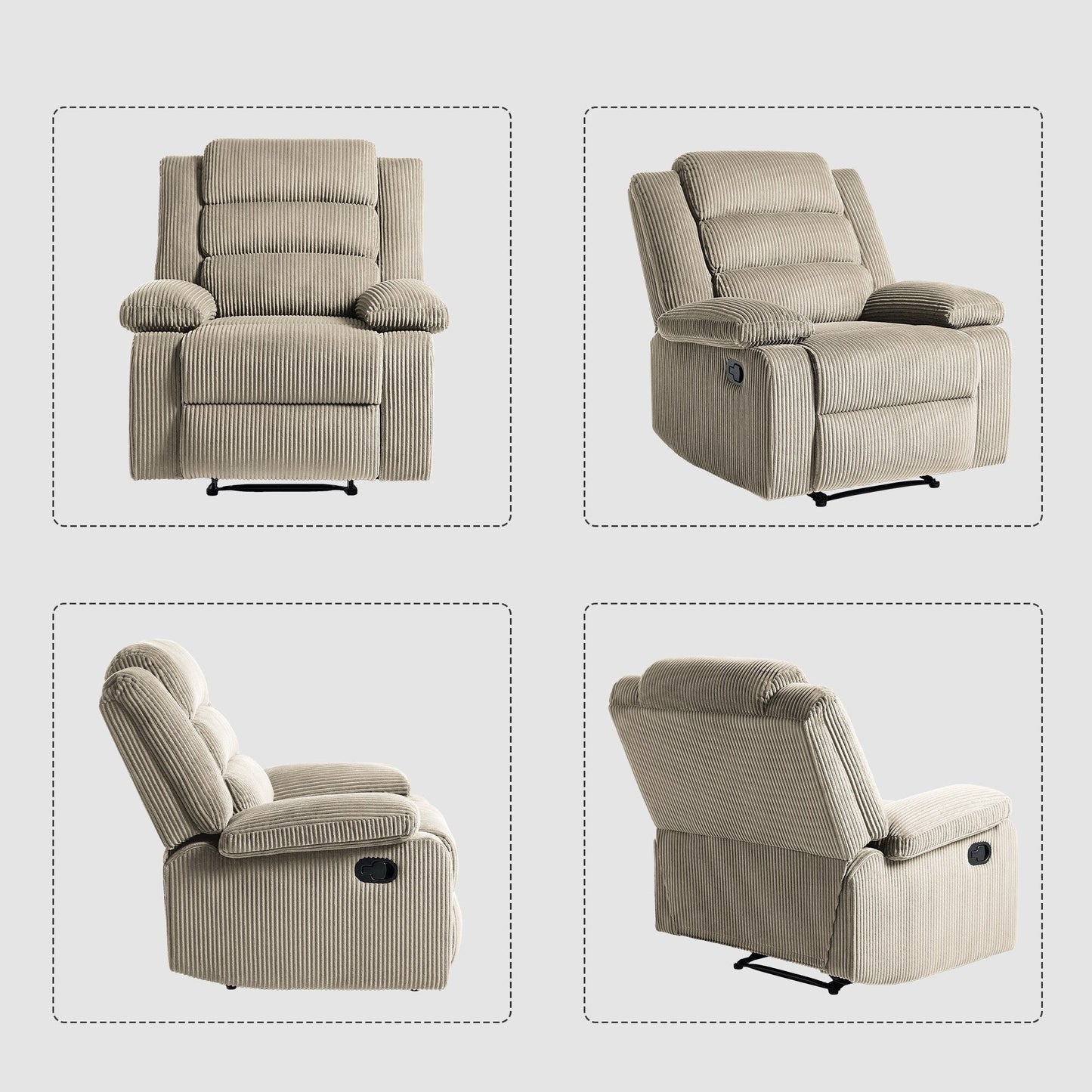 2 Set Modern Corduroy Manual Recliner Chair, Oversize Accent Chair Recliner with Wide Armrest