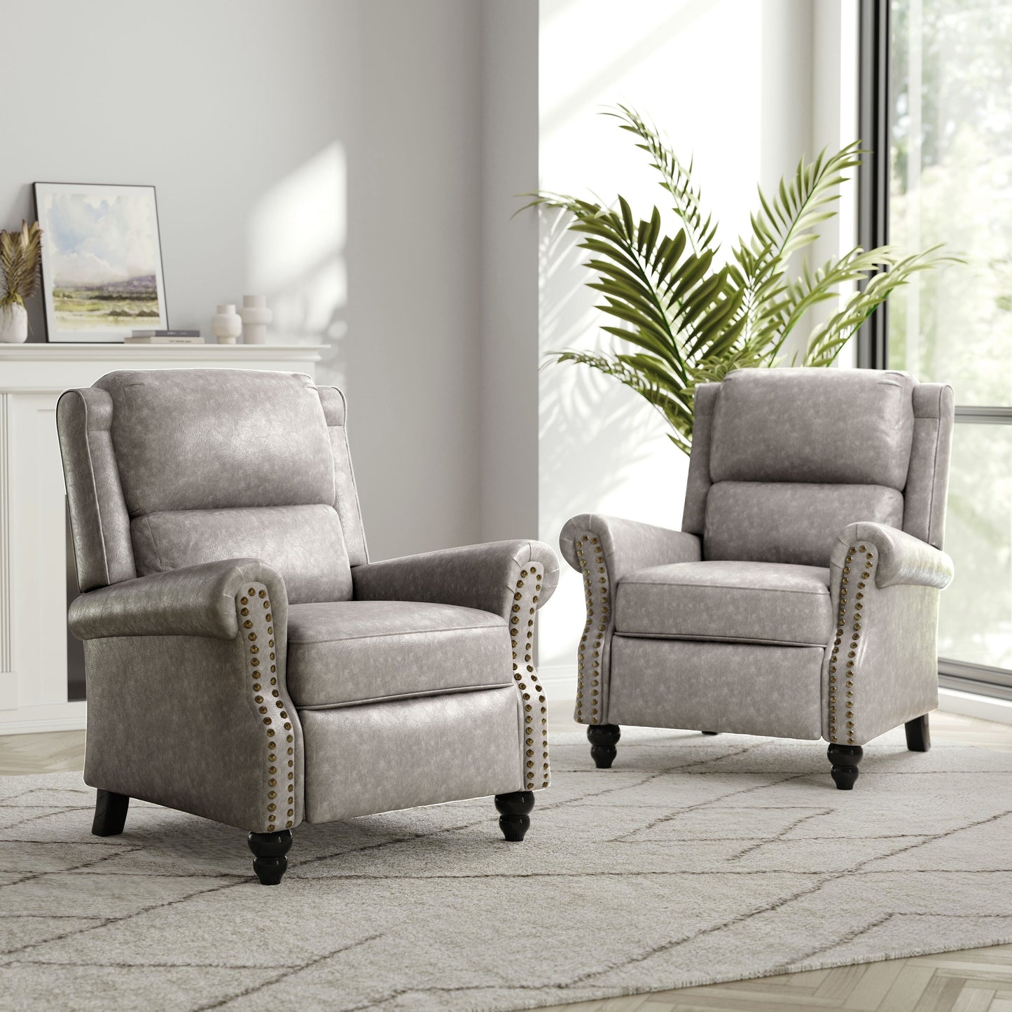 2 Set Nail-head Padded Seat Pushback Recliner Chair