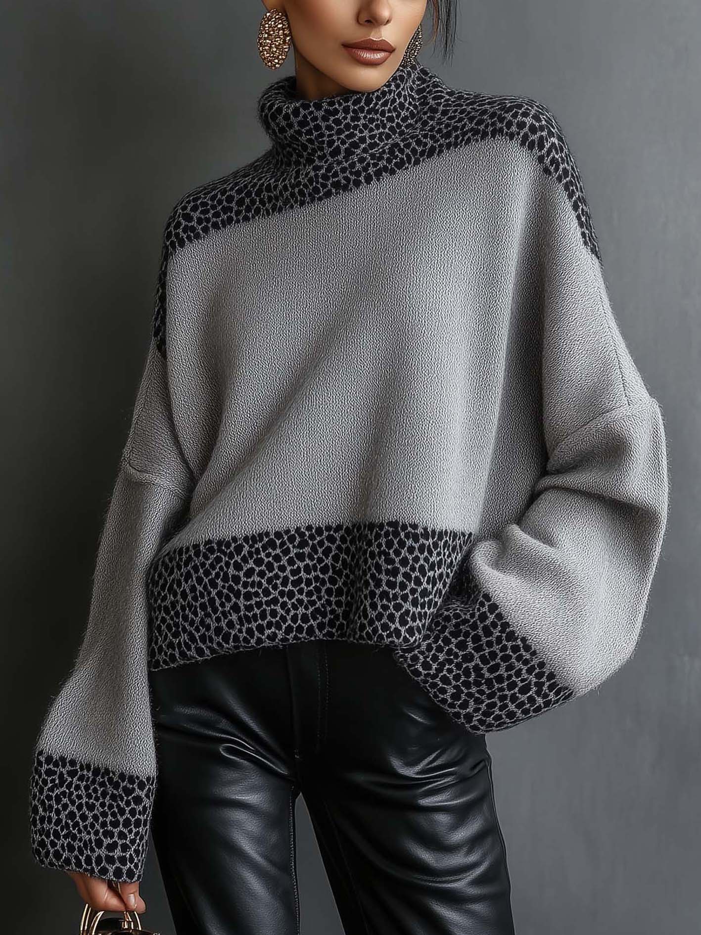 Gray Sweater With Leopard Print And High Neckline