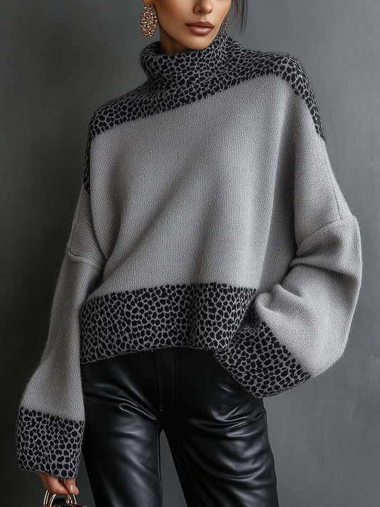 Gray Sweater With Leopard Print And High Neckline