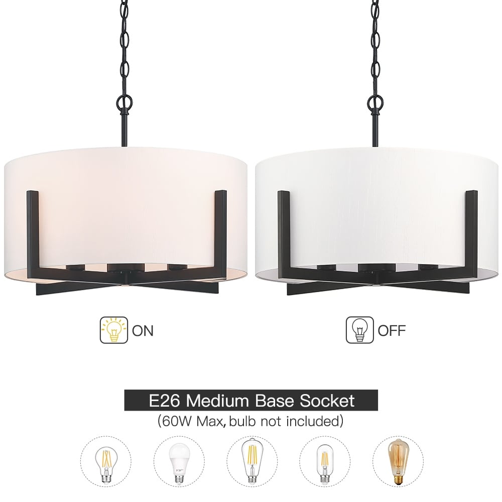 22 in. 4-Light Matte Black Chandelier Pendant Light with White Drum Shade - 22W