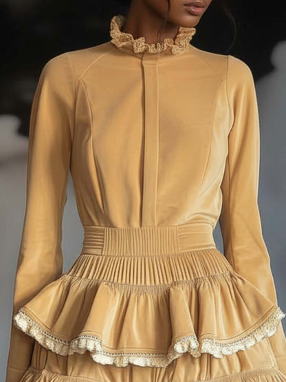 Light Yellow Velvet Mini Dress With Lace And Ruffles