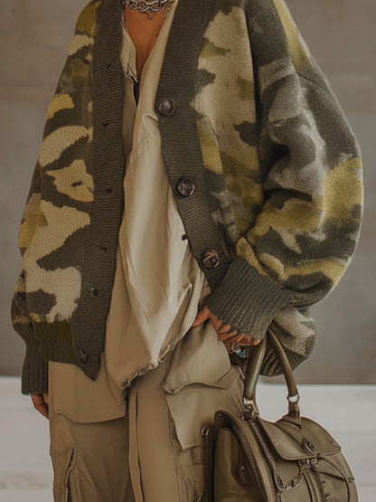 Olive Green Oversized Camouflage Knit Button Down Cardigan